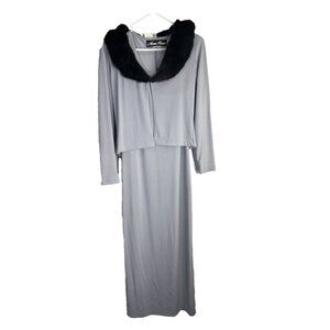 Vtg Y2K Gray Maxi Dress Faux Fur‎ Collar Long Sleeve Occasion Gown Phoebe Buffay